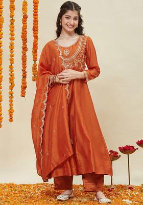 Orange Embroidered Silk Anarkali Kurta Set For Girls