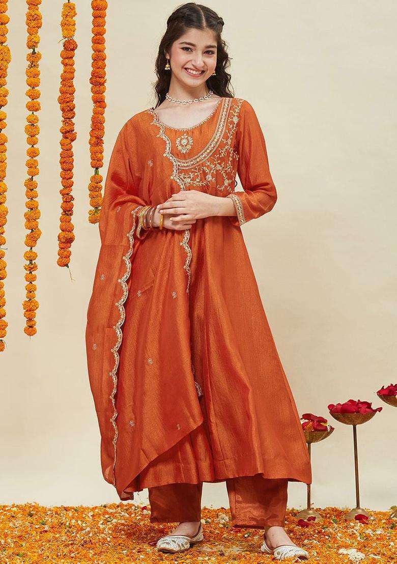 Orange Embroidered Silk Anarkali Kurta Set For Girls - Indya
