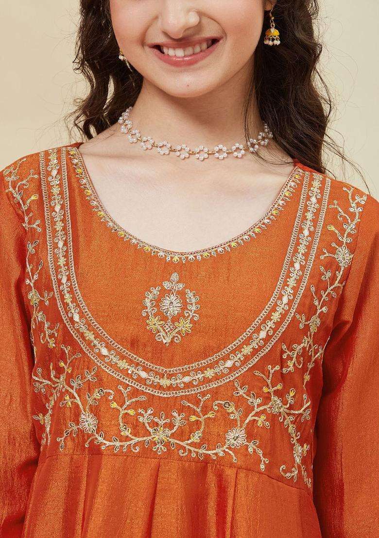 Orange Embroidered Silk Anarkali Kurta Set For Girls - Indya