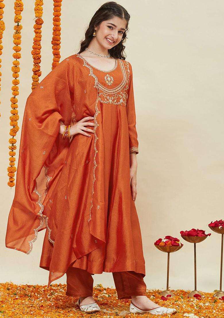 Orange Embroidered Silk Anarkali Kurta Set For Girls - Indya