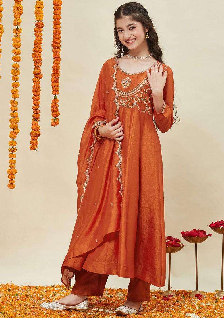 Orange Embroidered Silk Anarkali Kurta Set For Girls - Indya