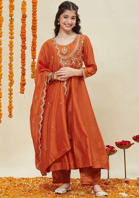 Orange Embroidered Silk Anarkali Kurta Set For Girls — view on Indya