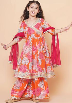 Orange Printed Silk Anarkali Kurta Set For Girls