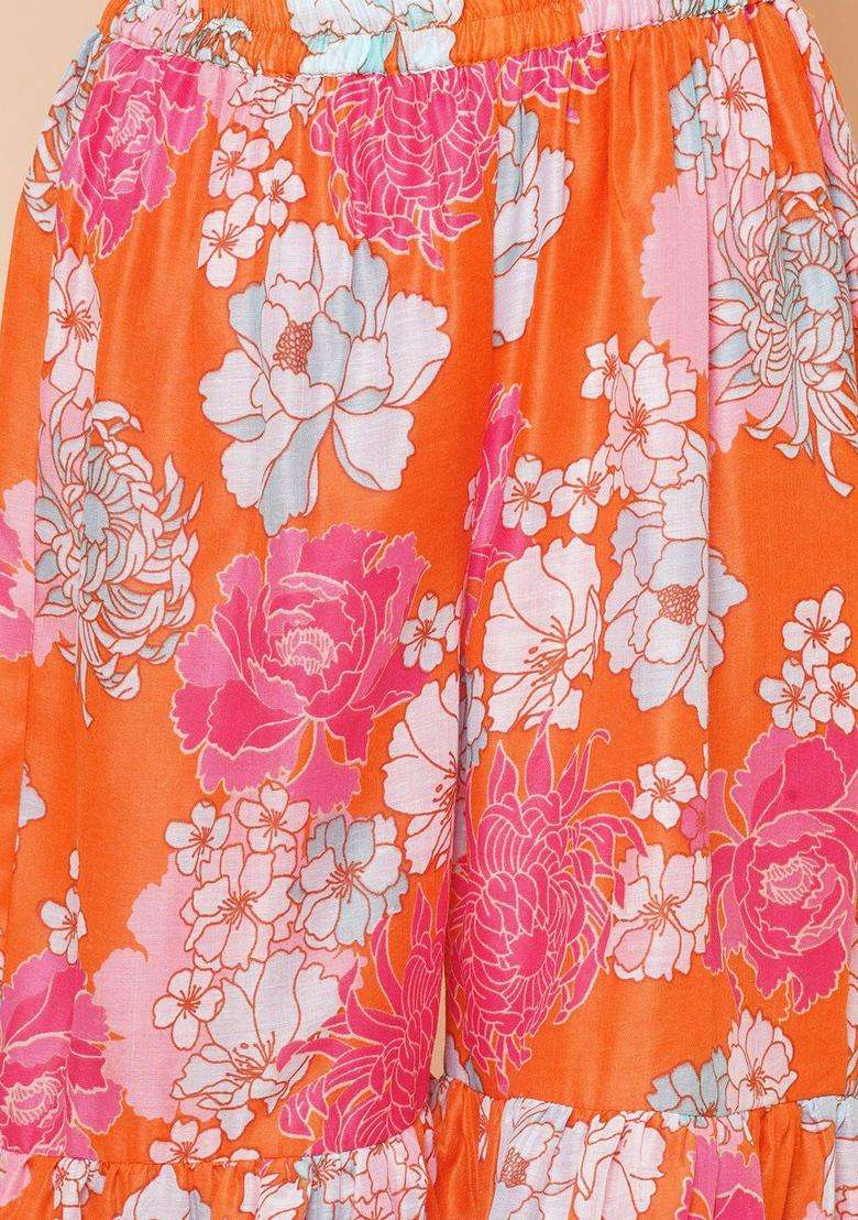 Orange Printed Silk Anarkali Kurta Set For Girls - Indya