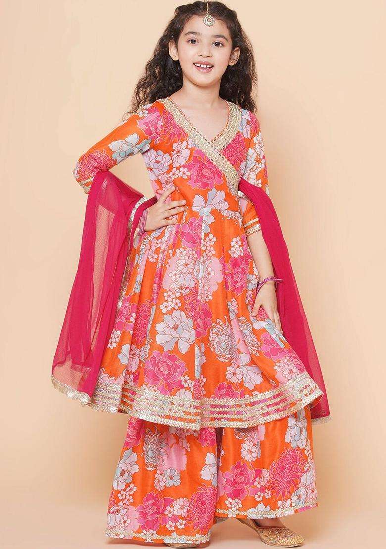 Orange Printed Silk Anarkali Kurta Set For Girls - Indya
