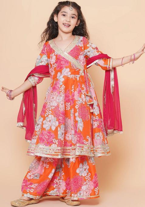 Orange Printed Silk Anarkali Kurta Set For Girls — view on Indya