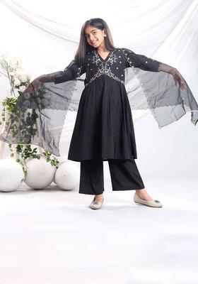 Black Embroidered Silk Kurta Set For Girls