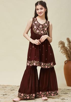 Brown Embroidered Silk Kurta Set For Girls