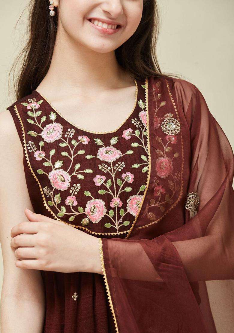 Brown Embroidered Silk Kurta Set For Girls - Indya