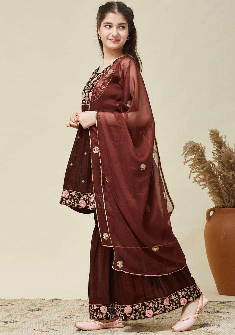 Brown Embroidered Silk Kurta Set For Girls - Indya