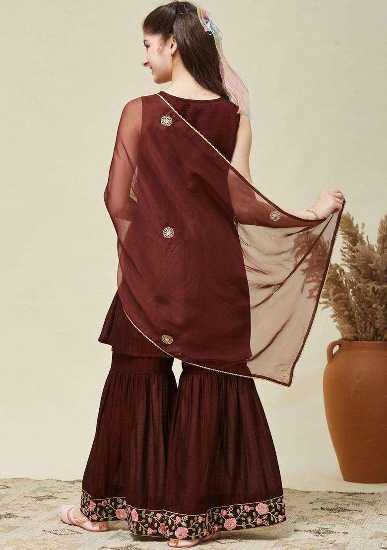 Brown Embroidered Silk Kurta Set For Girls - Indya