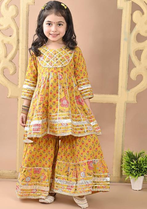 Yellow Printed Cotton Anarkali Kurta Set For Girls — view on Indya