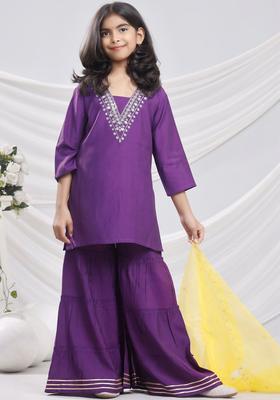 Purple Embroidered Silk Kurta Set For Girls