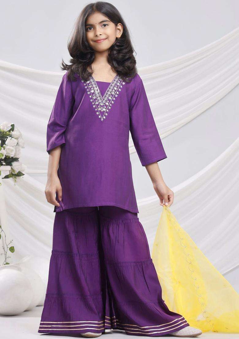 Purple Embroidered Silk Kurta Set For Girls - Indya