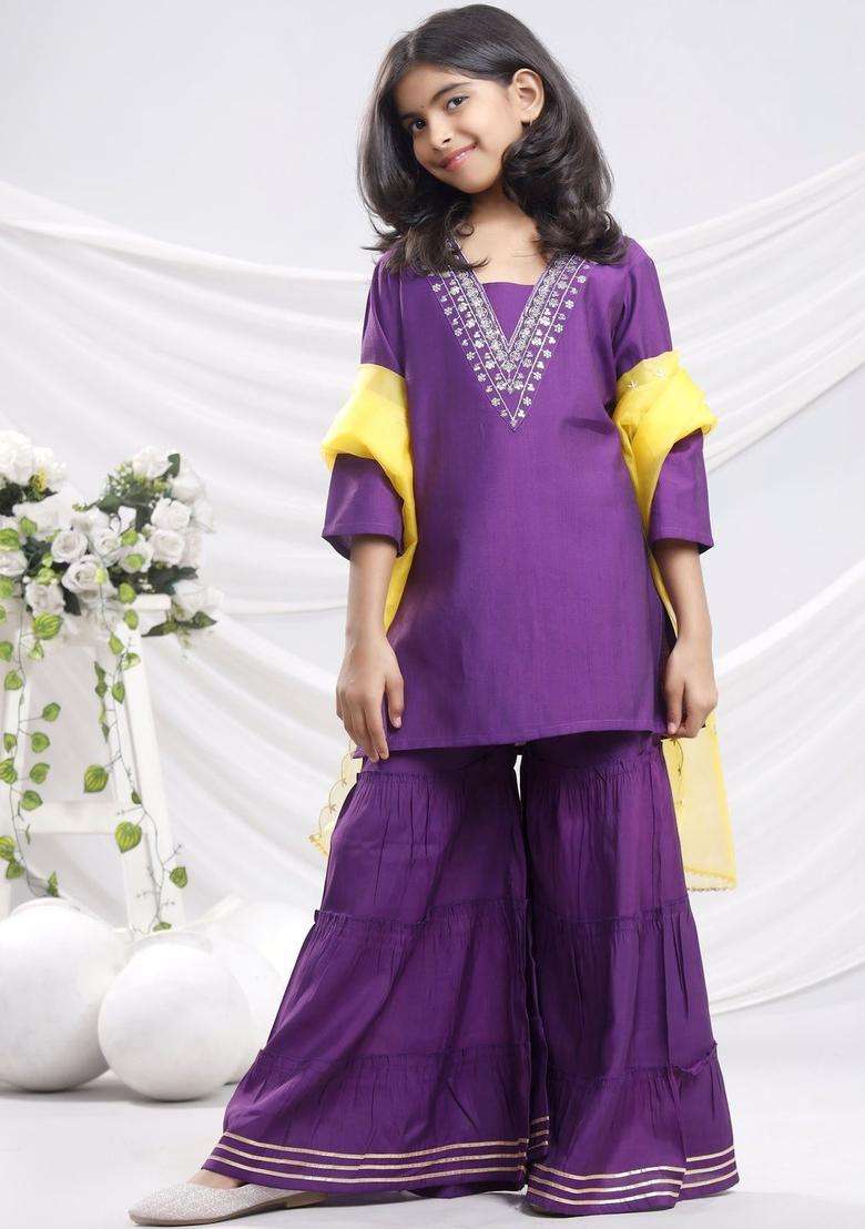 Purple Embroidered Silk Kurta Set For Girls - Indya