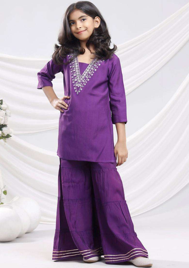 Purple Embroidered Silk Kurta Set For Girls - Indya