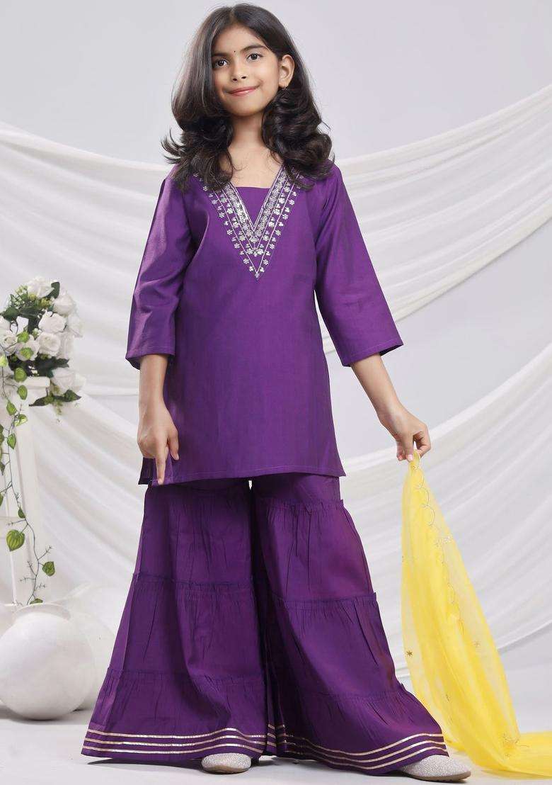 Purple Embroidered Silk Kurta Set For Girls - Indya