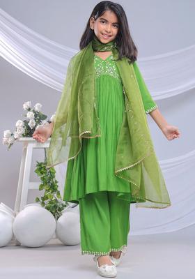 Green Embroidered Silk Anarkali Kurta Set For Girls