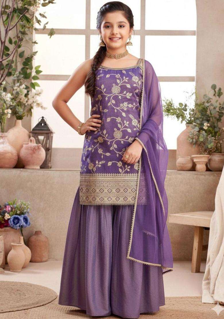 Purple Embroidered Nylon Kurta Set For Girls - Indya