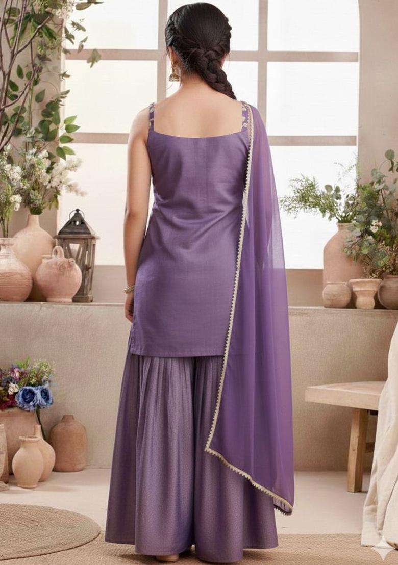 Purple Embroidered Nylon Kurta Set For Girls - Indya