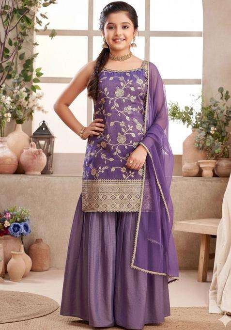 Purple Embroidered Nylon Kurta Set For Girls