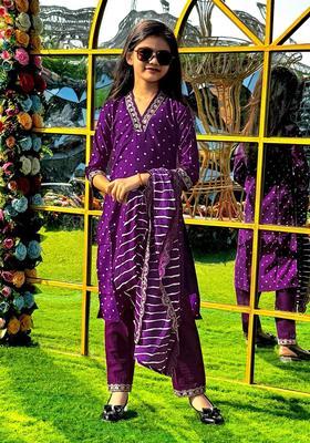Purple Printed Silk Kurta Set For Girls