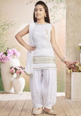 White Embroidered Georgette Kurta Set For Girls