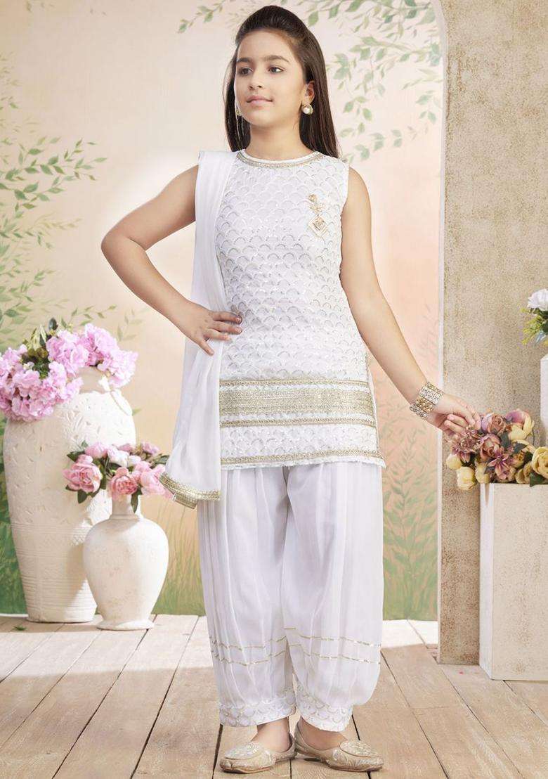 White Embroidered Georgette Kurta Set For Girls - Indya