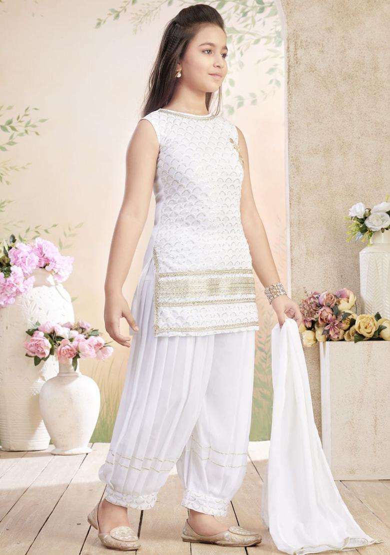 White Embroidered Georgette Kurta Set For Girls - Indya