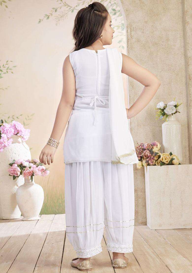 White Embroidered Georgette Kurta Set For Girls - Indya