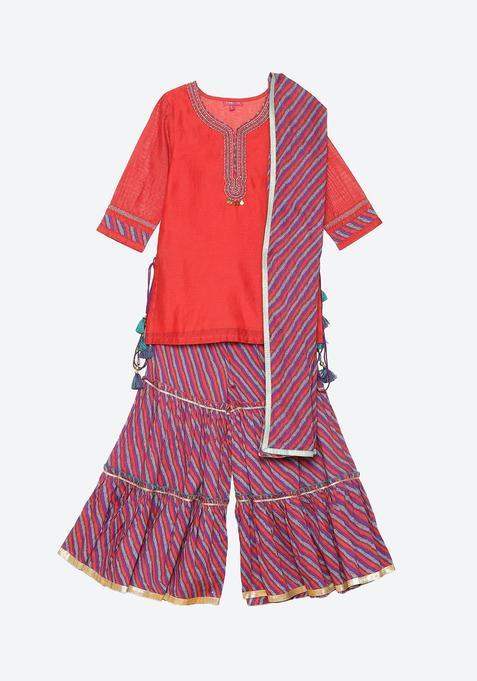 Red Striped Chanderi Kurta Set For Girls — view on Indya