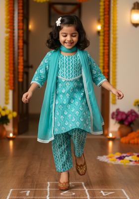 Turquoise Blue Printed Cotton Kurta Set For Girls