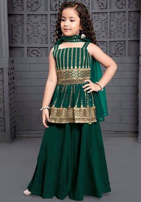Green Embroidered Crepe Anarkali Kurta Set For Girls