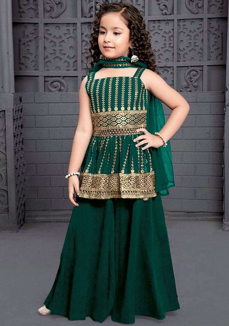 Green Embroidered Crepe Anarkali Kurta Set For Girls - Indya