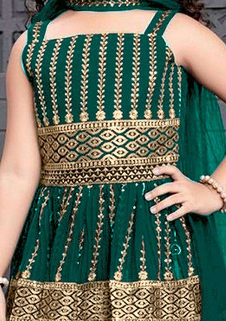 Green Embroidered Crepe Anarkali Kurta Set For Girls - Indya