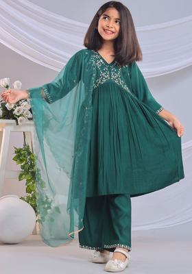 Green Embroidered Silk Anarkali Kurta Set For Girls