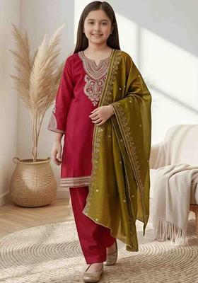 Maroon Embroidered Silk Kurta Set For Girls