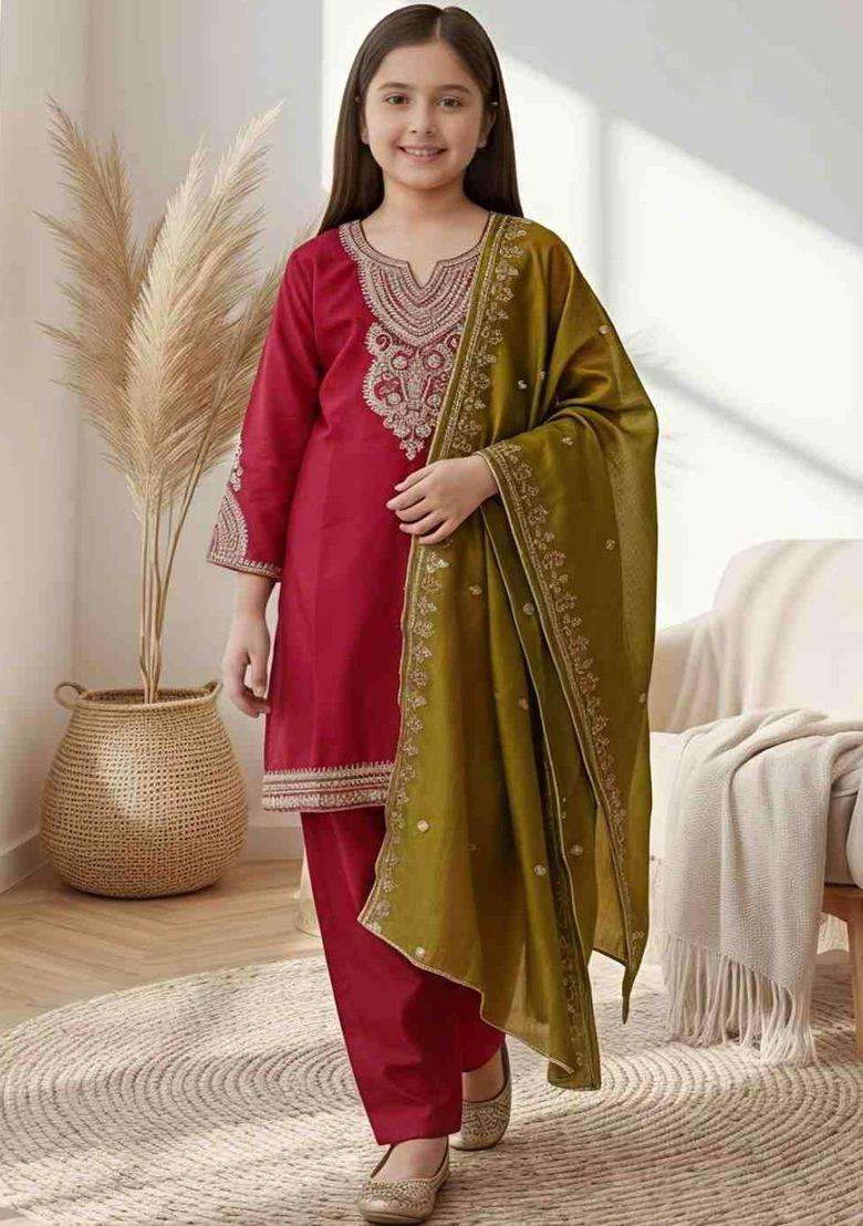 Maroon Embroidered Silk Kurta Set For Girls - Indya