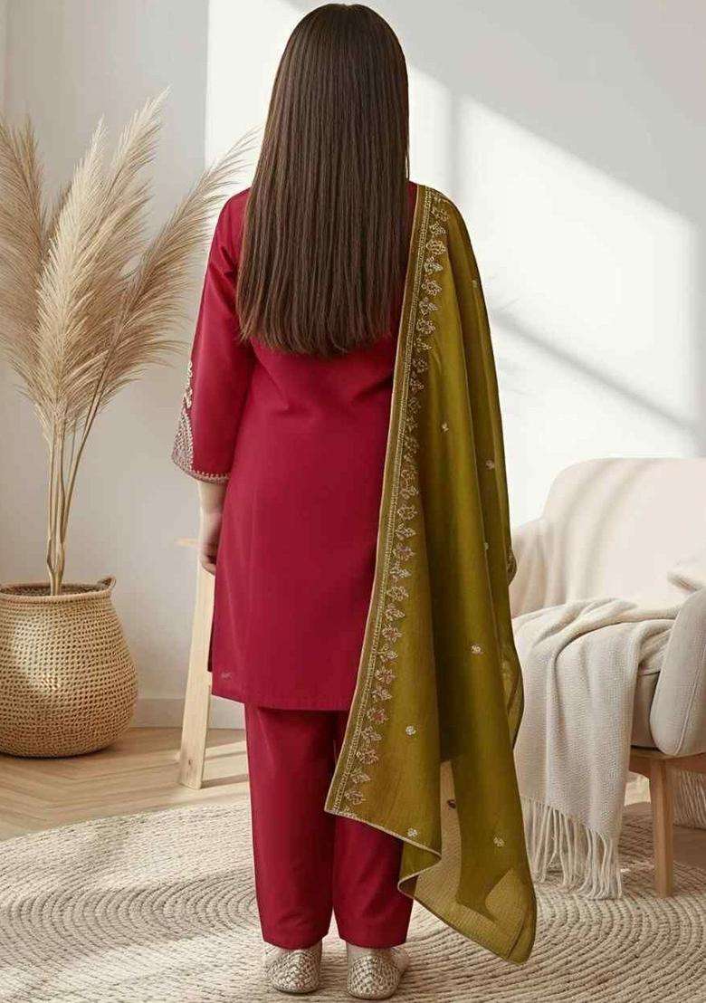 Maroon Embroidered Silk Kurta Set For Girls - Indya