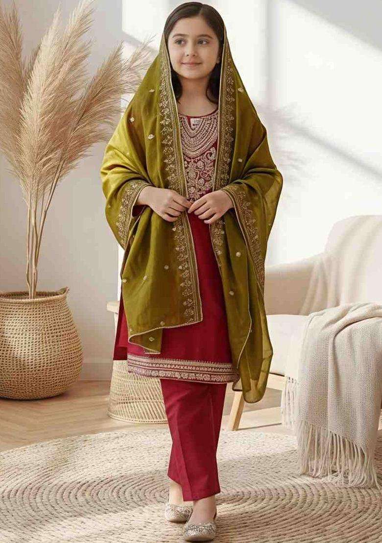 Maroon Embroidered Silk Kurta Set For Girls - Indya
