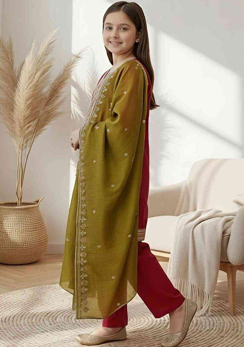Maroon Embroidered Silk Kurta Set For Girls - Indya