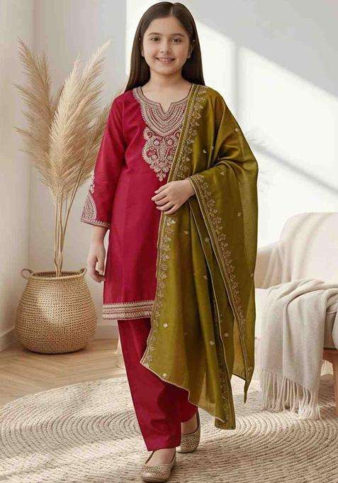 Maroon Embroidered Silk Kurta Set For Girls