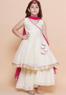 Off White Woven Design Silk Kurta Set For Girls