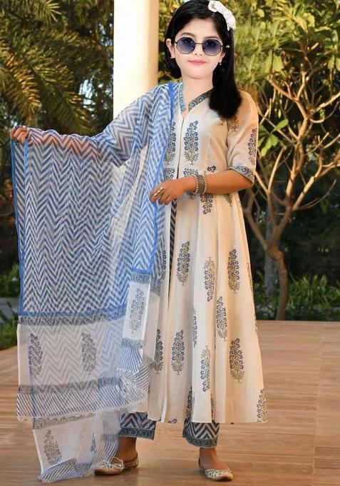 White Printed Silk Anarkali Kurta Set For Girls — view on Indya