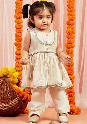 Cream Woven Design Silk Anarkali Kurta Set For Girls