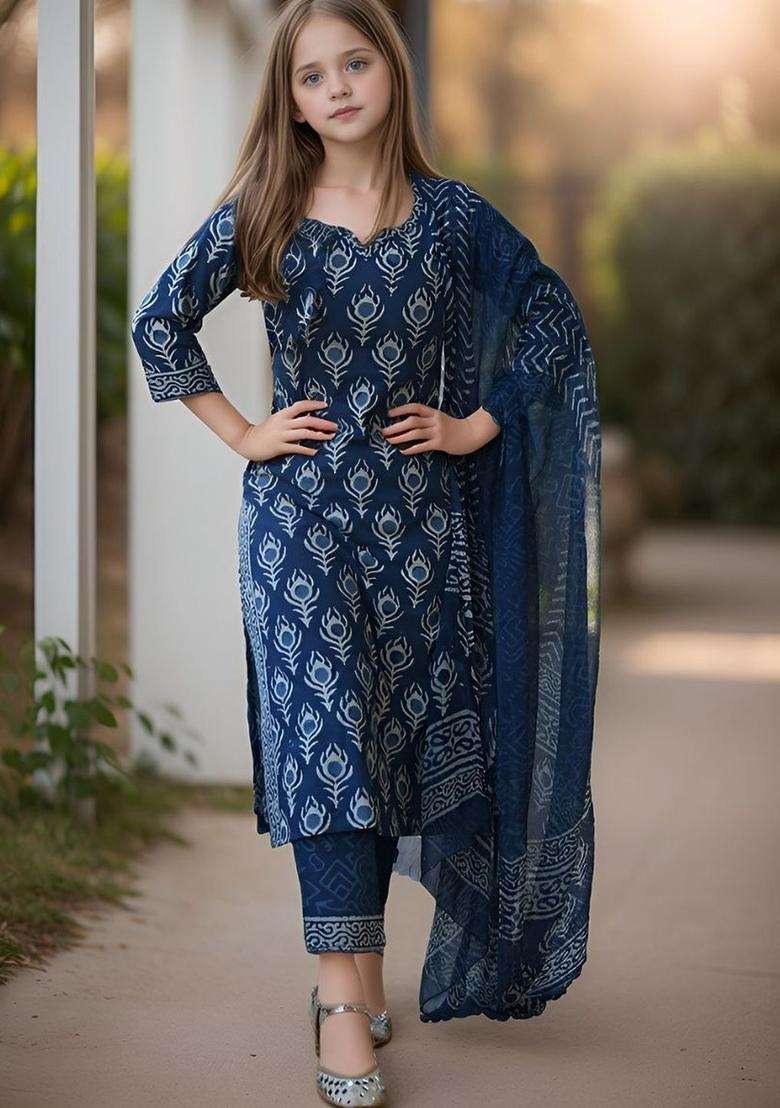 Navy Blue Printed Cotton Kurta Set For Girls - Indya