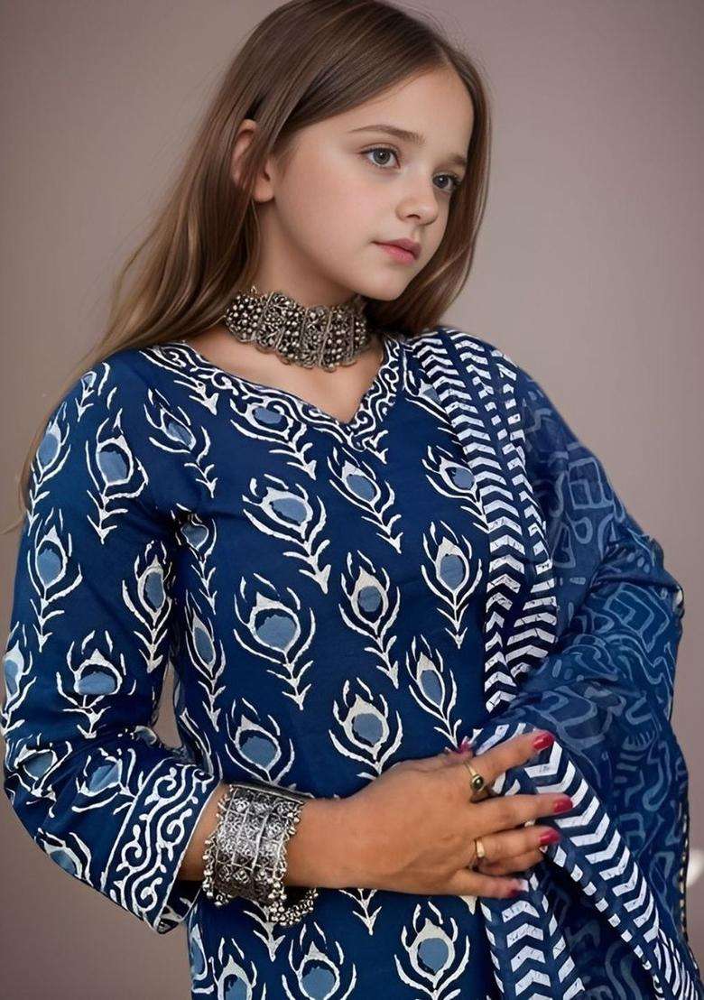 Navy Blue Printed Cotton Kurta Set For Girls - Indya