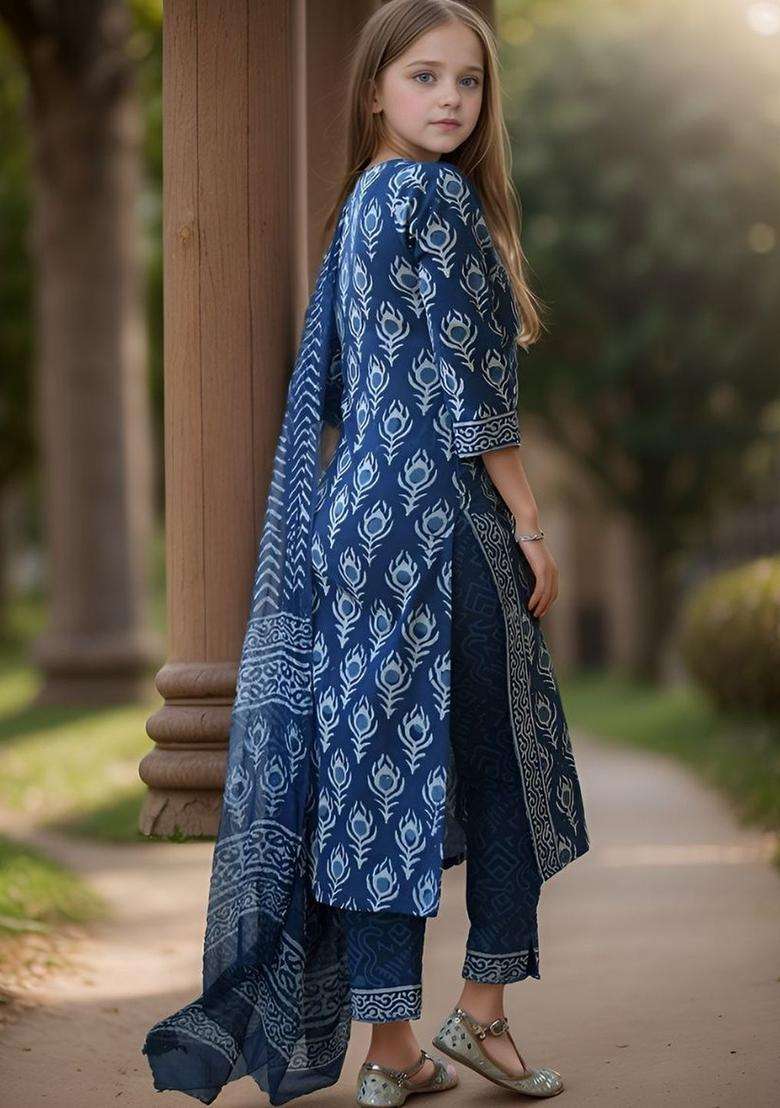 Navy Blue Printed Cotton Kurta Set For Girls - Indya