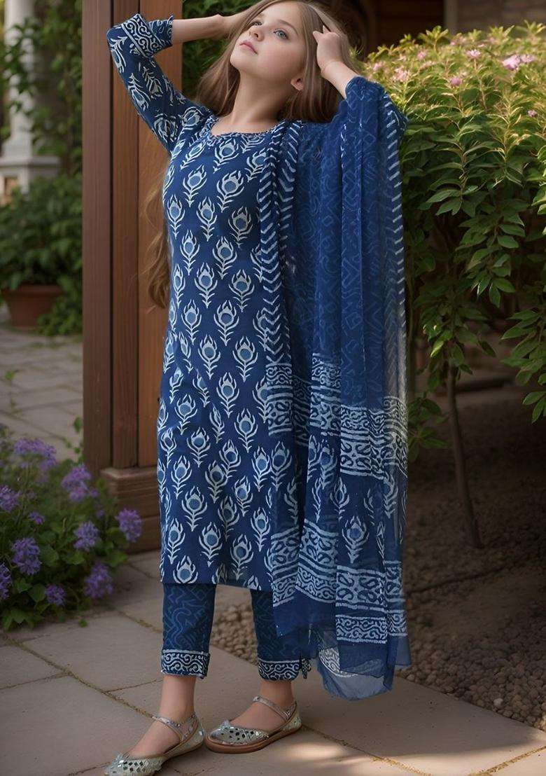Navy Blue Printed Cotton Kurta Set For Girls - Indya