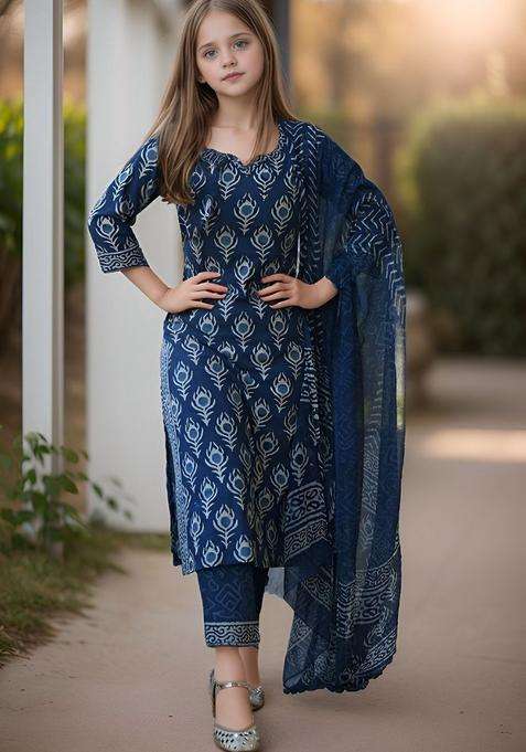 Navy Blue Printed Cotton Kurta Set For Girls